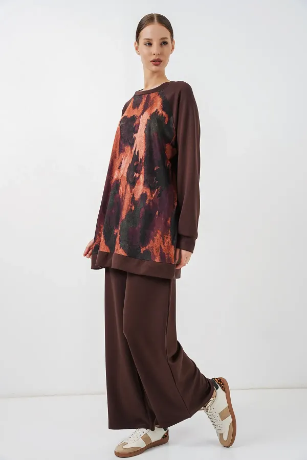 Ensemble deux pièces tunique et pantalon oversize à motifs pour femme 55462 - Marron