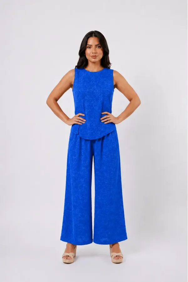 Women's Navy Blue Linen Textured Relaxed Fit Two-Piece Set HZL26S-VL15141 Women's Navy Blue Linen Textured Relaxed Fit Two-Piece Set HZL26S-VL15141