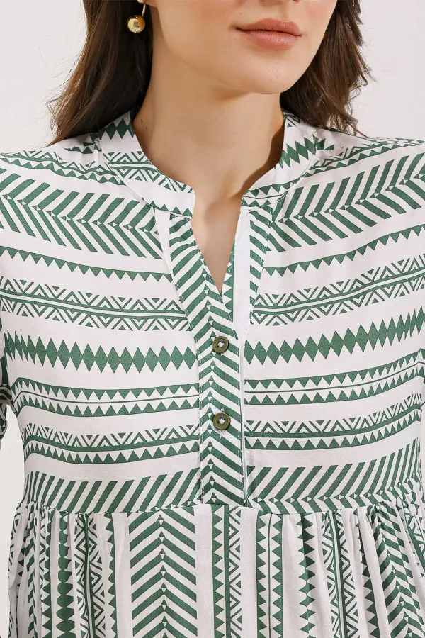 1975 ETNİK DESEN ELBİSE - Haki