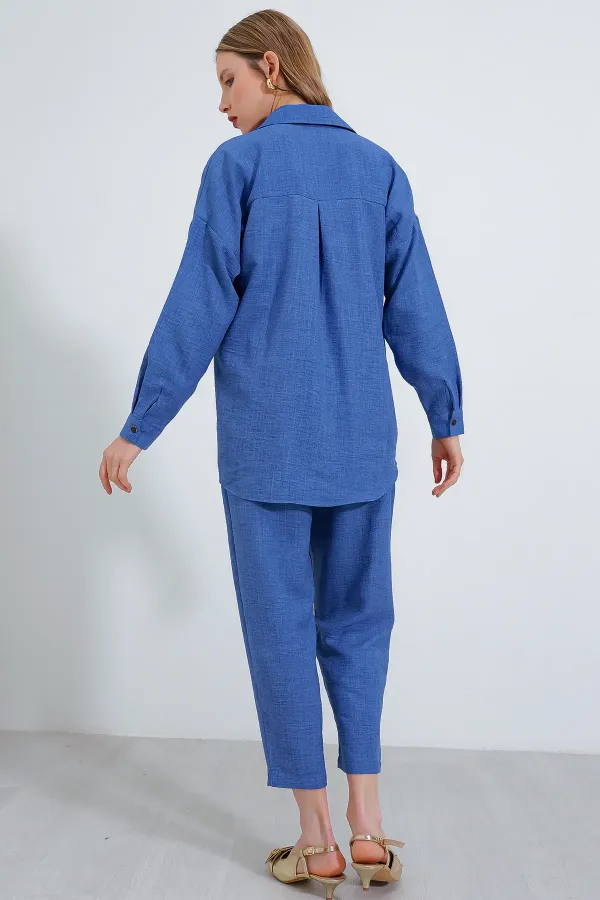 Ensemble haut et bas oversize en lin indigo pour femme 6622