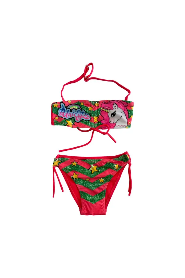Ensemble bikini sans bretelles rose fluo à motif licorne pour fille de 2 à 8 ans HZL24S-LC3658