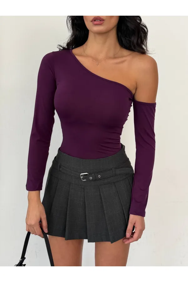 Kadın Mor Asimetrik Yaka Drapeli Sandy Bluz HZL25S-FRY123361