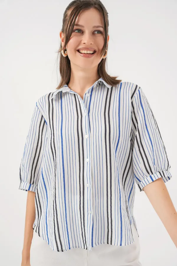 Women's Striped Short-Sleeve Shirt 20345 - Navy Blue