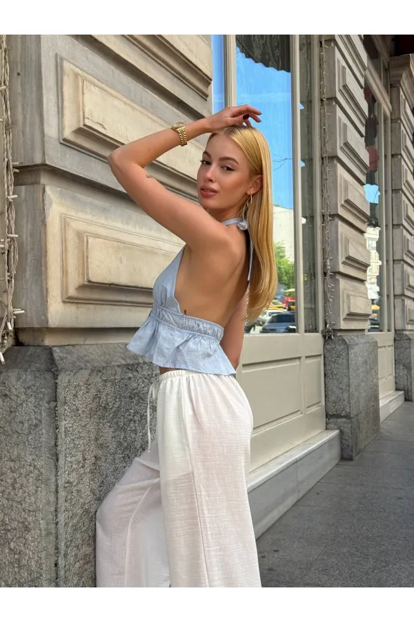 Chemisier dos nu en lin bleu pour femme HZL24S-ZK11081