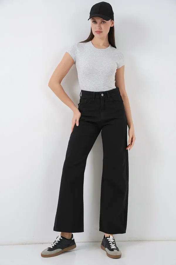 Women's Wide Leg High Waist Palazzo Jeans 6656 - D. Black
