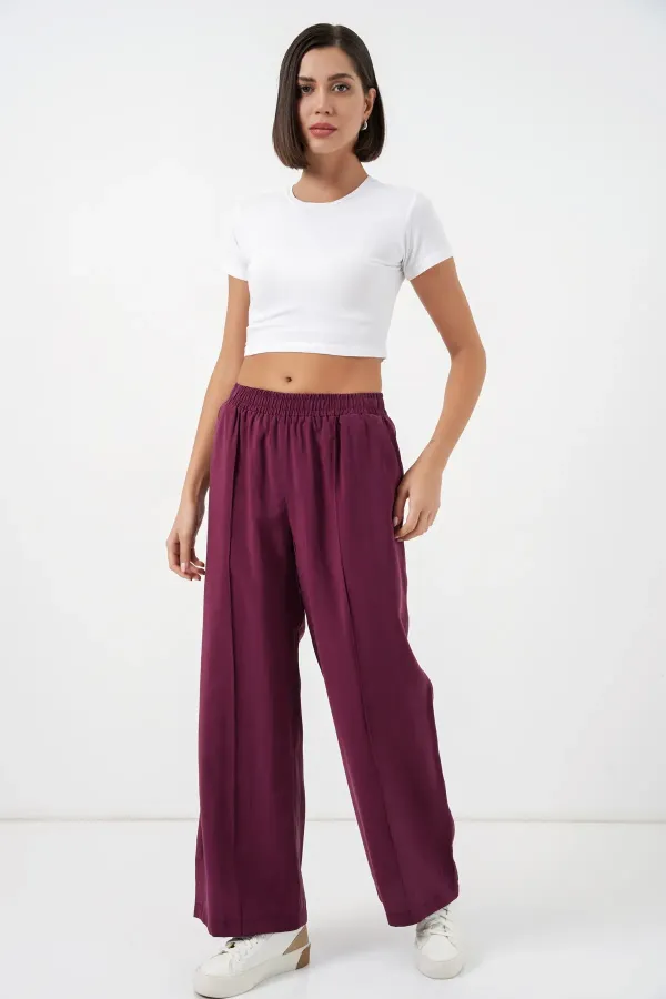 Pantalon large pour femme avec taille élastiquée 30087 - Bordeaux