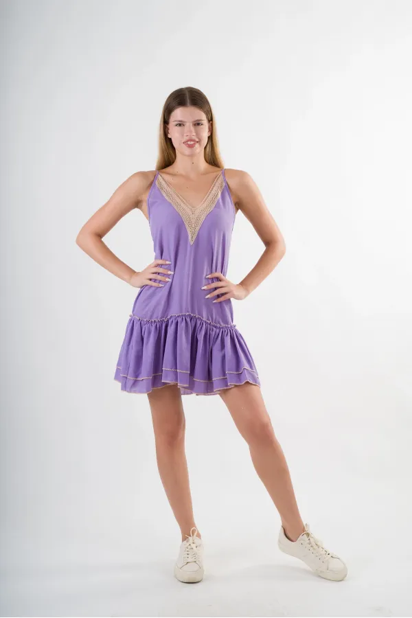 Kadın Lila V Yaka İp Askılı Eteği Pileli Güpür Detaylı Elbise HZL24S-YY244