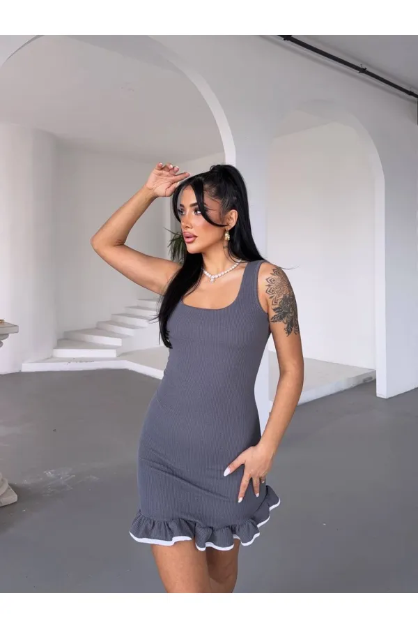 Kadın Gri Eteği Fırfırlı Burgu Kumaş Mini Elbise HZL25S-FRY122971