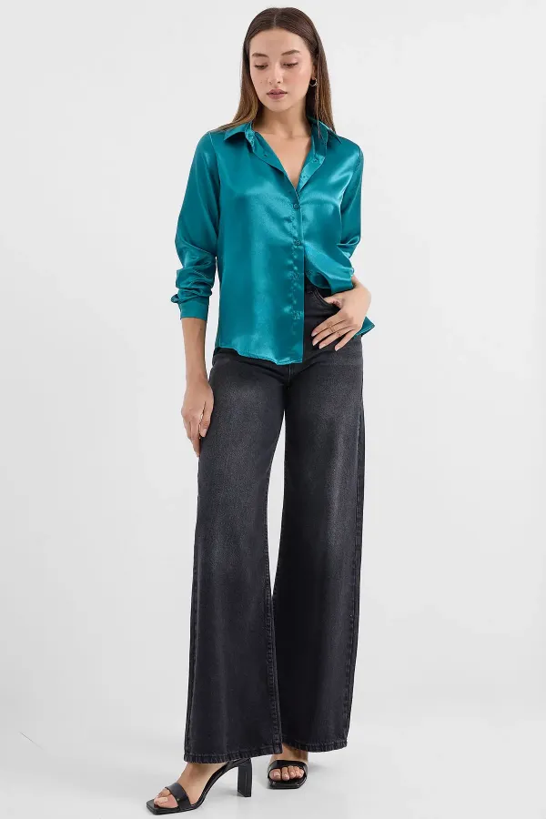 3964 Lightly Draped Satin Shirt - Light Green