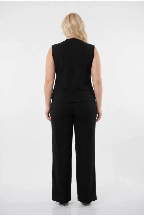 Kadın Siyah Büyük Beden V Yaka Yelek Pantolon İkili Takım HZL26S-PR12131