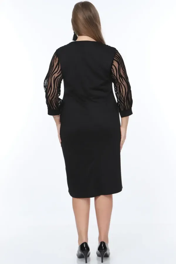 Kadın Siyah Büyük Beden Flok Kol Elbise HZL26S-PR11161