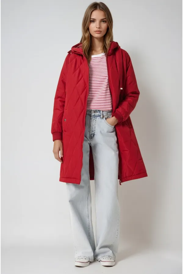 Kadın Bordo Kapitone Uzun Şişme Mont HZL22W-BD151381