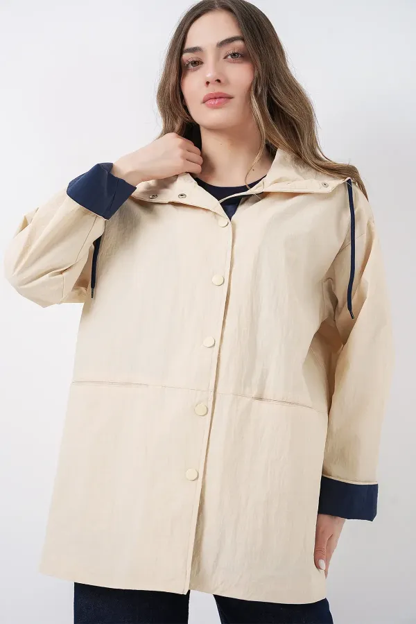 Kadın Teknik Kumaş Kapüşonlu Trençkot 5972 - Ekru