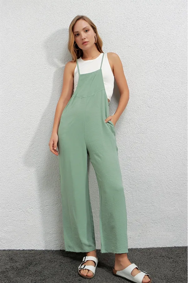 Women's Light Green Adjustable Strap Pocketed Wide Leg Overalls HZL22S-BD170191