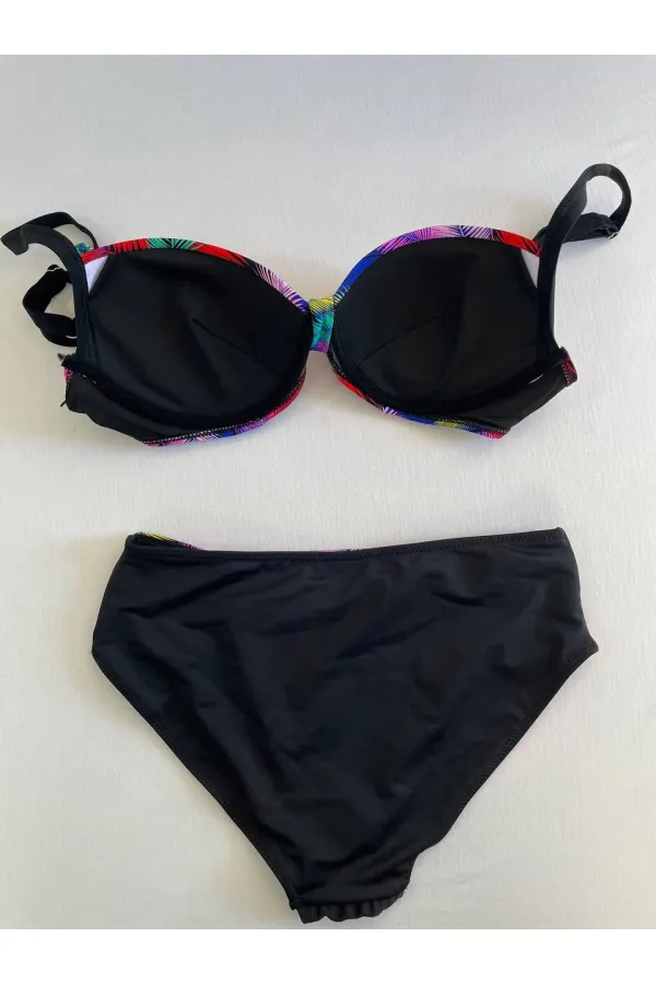 Kadın Siyah Sarı Kırmızı Çok Renk Desenli  Astarlı Büyük Beden Bikini Takımı HZL25S-LC06