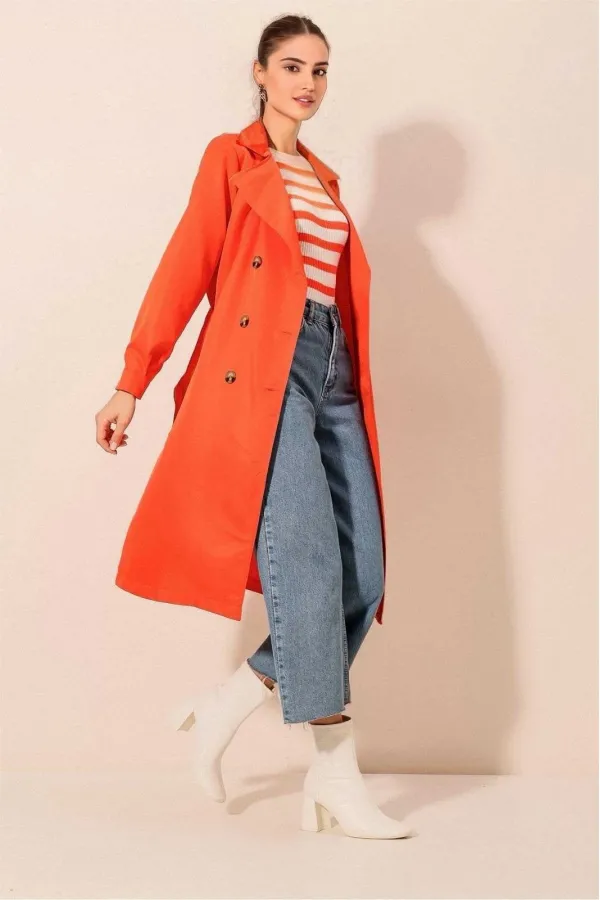 Women's Orange Double-Breasted Belted Unlined Seasonal Comfortable Trench Coat Hzl22s-bd158531