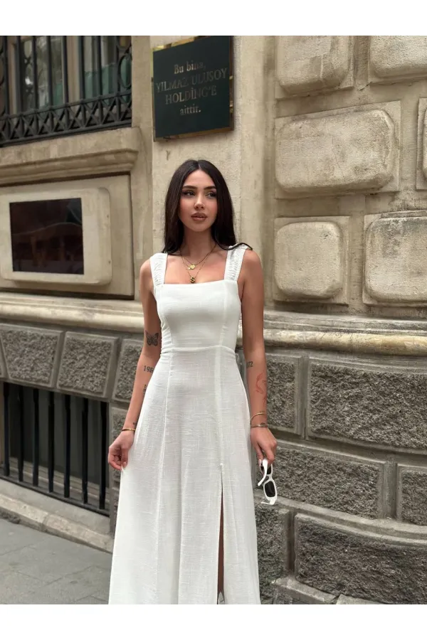 Kadın Beyaz Arkadan İp Bağlamalı Yırtmaç Detaylı Keten Elbise HZL25S-ZK11241