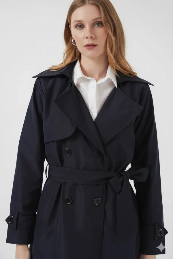 Kadın Lacivert Kruvaze Yaka Kuşaklı Astarlı Trençkot HZL25W-BD159181