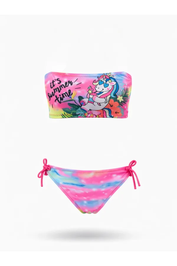 Girls' Light Pink Patterned Strapless Bikini Set, Ages 2-8 HZL24S-LC3652