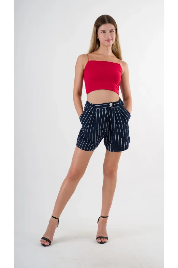 Kadın Lacivert Çizgili  Beli Lastikli Düğme Detaylı Cepli Şort HZL24S-YY277