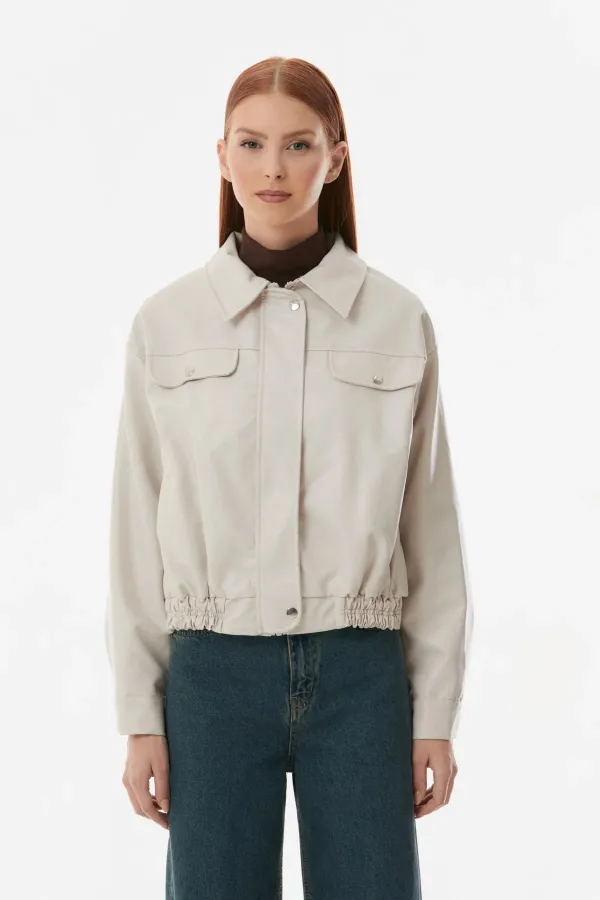 Veste courte en similicuir écru pour femme, doublée avec poches, HZL23W-BD110331