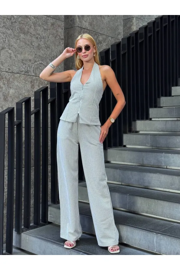 Kadın Vizon Çizgili Önü Fermuarlı Bluz Pantolon İkili Takım HZL25S-ZK13691