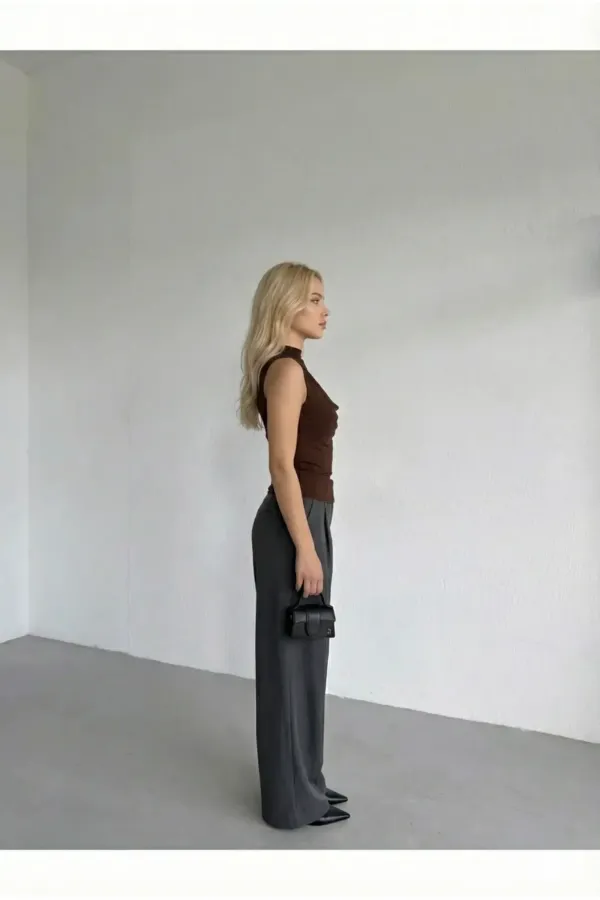 Women's Brown Tulle Detail V-Neck Side Draped Sandy Blouse HZL26S-FRY123791