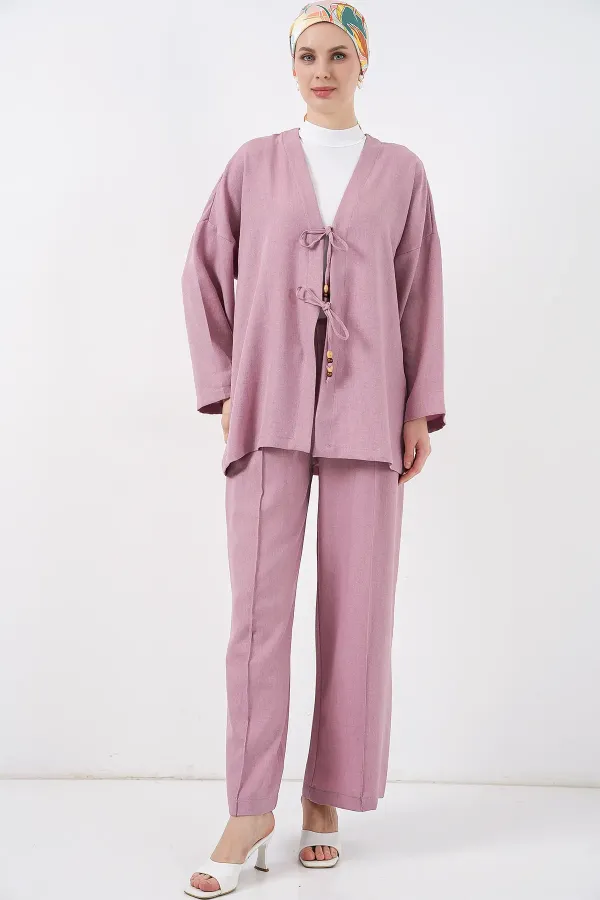 Kimono deux pièces en lin pour femme 6727 - Rose