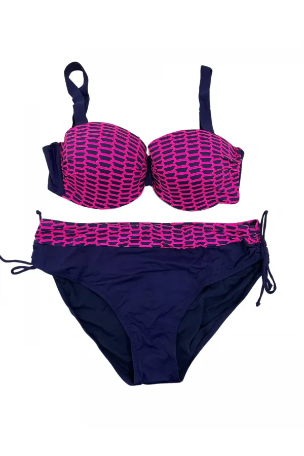 Kadın Fuşya Zincir Desenli Büyük Beden Astarlı Lacivert Bikini Takım HZL25S-LC3303