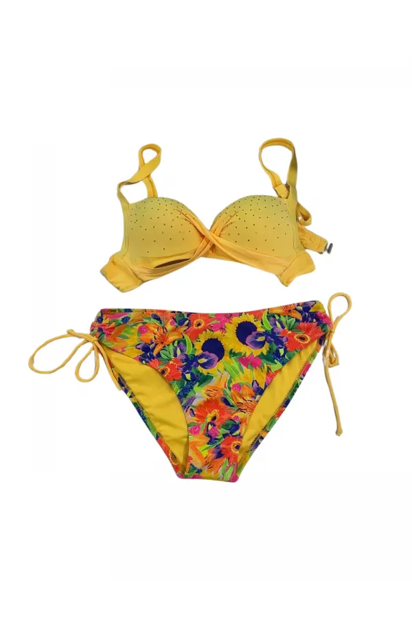 Kadın Sarı Çiçek Desenli Taş İşlemeli  Astarlı Bikini Takım HZL25S-LC3313