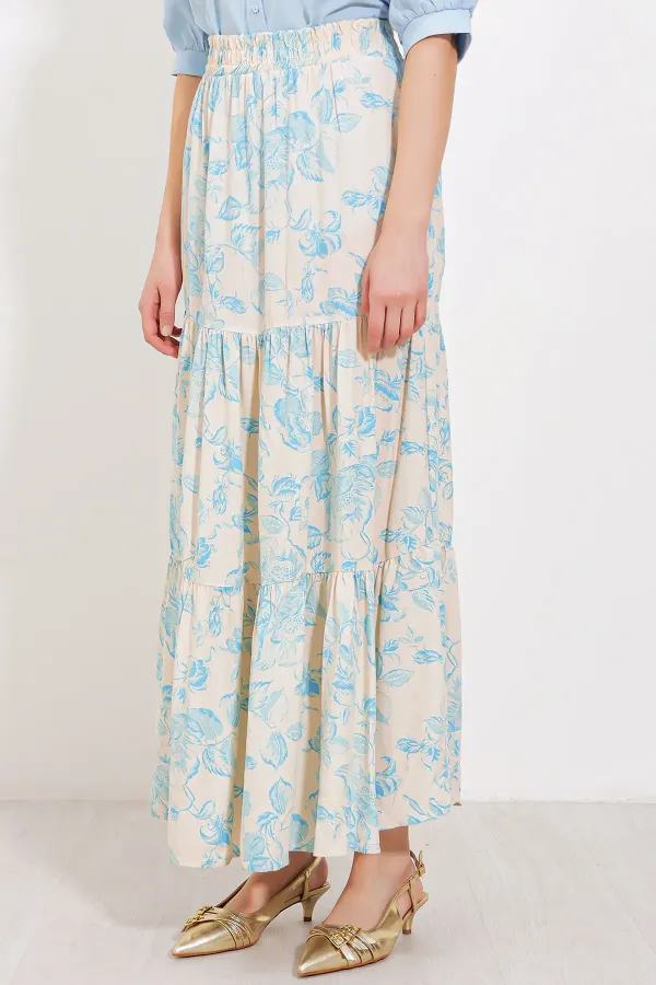 Jupe longue en viscose bleu crème à motifs pour femme, modèle 1898