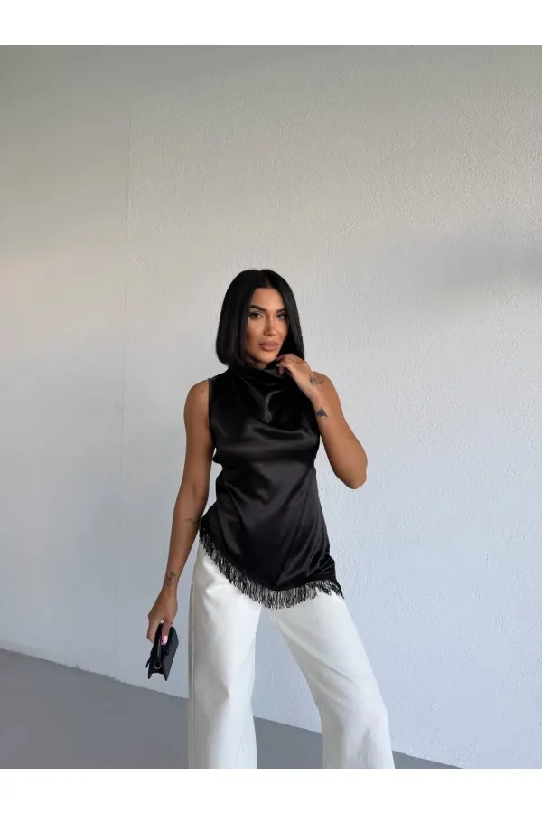 Women's Black Halter Neck Asymmetrical Cut Fringe Detail Satin Blouse HZL26S-FRY123911