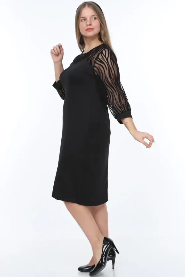 Kadın Siyah Büyük Beden Flok Kol Elbise HZL26S-PR11161