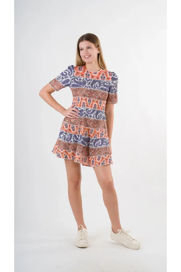 Kadın Lacivert Orange Etnik Desenli Bisiklet Yaka Astarsız Elbise HZL24S-YY238