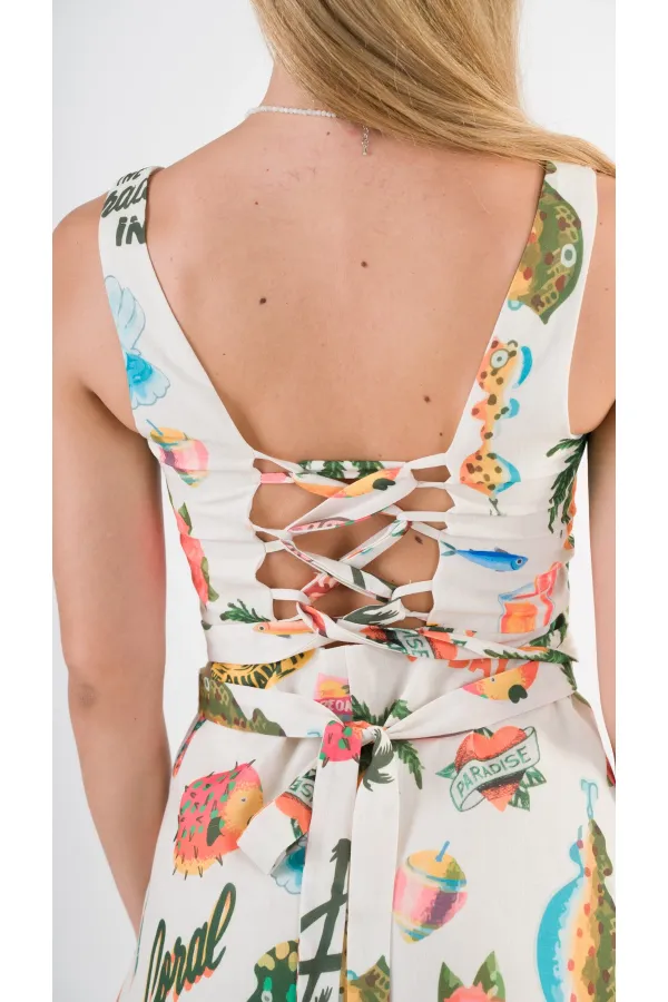 Kadın Krem Tropical Desenli Askılı Sırt Bağlamalı Kuşaklı Mini Elbise HZL24S-YY297