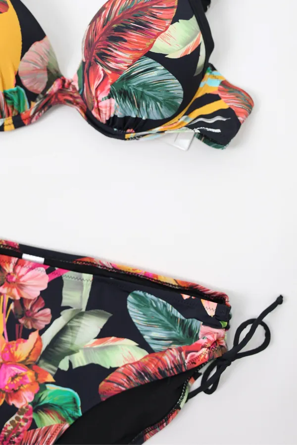 Women's Black Leaf Patterned Strappy High Waist Shapewear Bikini Set HZL24S-LC22625