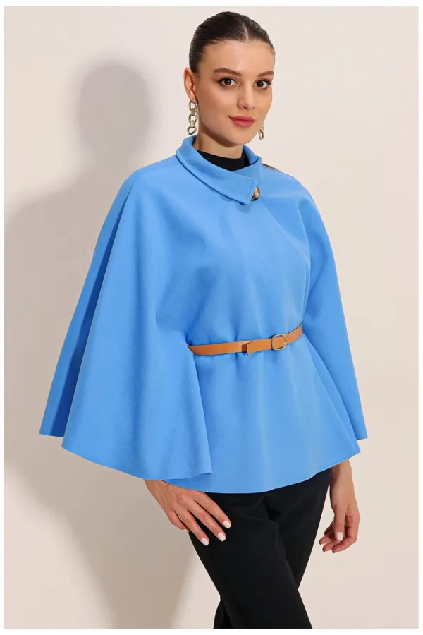 Poncho en cachemire bleu pour femme, col Judge, ceinture détaillée HZL24W-BD191341