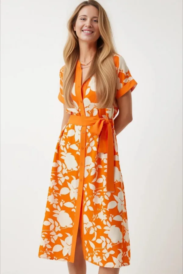 Kadın Oranj Krem Kuşaklı Çiçek Desenli Düğmeli Yazlık Viskon Elbise HZL24S-BD124551