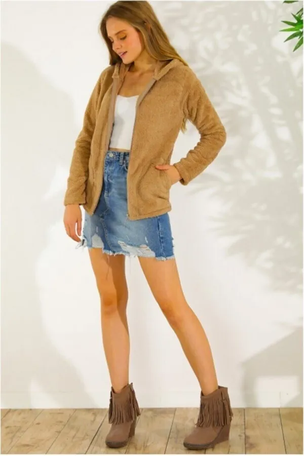 Kadın Hardal Welsoft esnek kumaş Peluş Yumoş Önü Fermuarlı Kapüşonlu Ceket HZL23W-DSB110081
