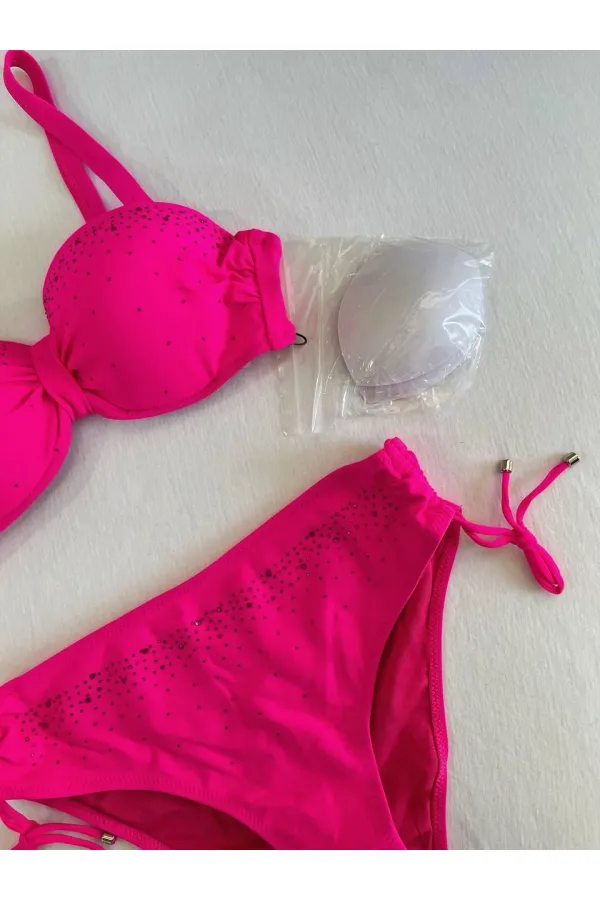 Women's Fuchsia Stone Embroidered Lined Bikini Set HZL25S-LC3361