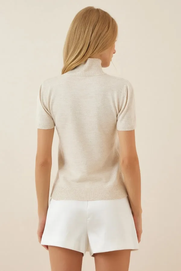 Pull col roulé à manches courtes crème pour femme HZL23W-BD1101051