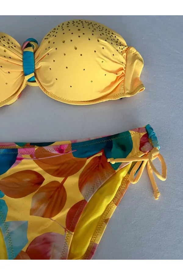 Ensemble bikini doublé brodé de pierres jaunes pour femme HZL25S-LC207
