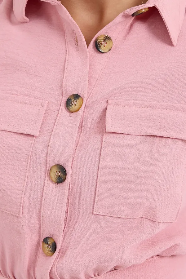 Women's Dusty Rose Pocket Buttoned Short Sleeve Summer Crop Shirt Jacket HZL22S-BD106631