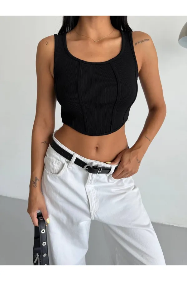 Kadın Siyah Fitilli Kaşkorse Crop Bluz HZL25S-FRY123171