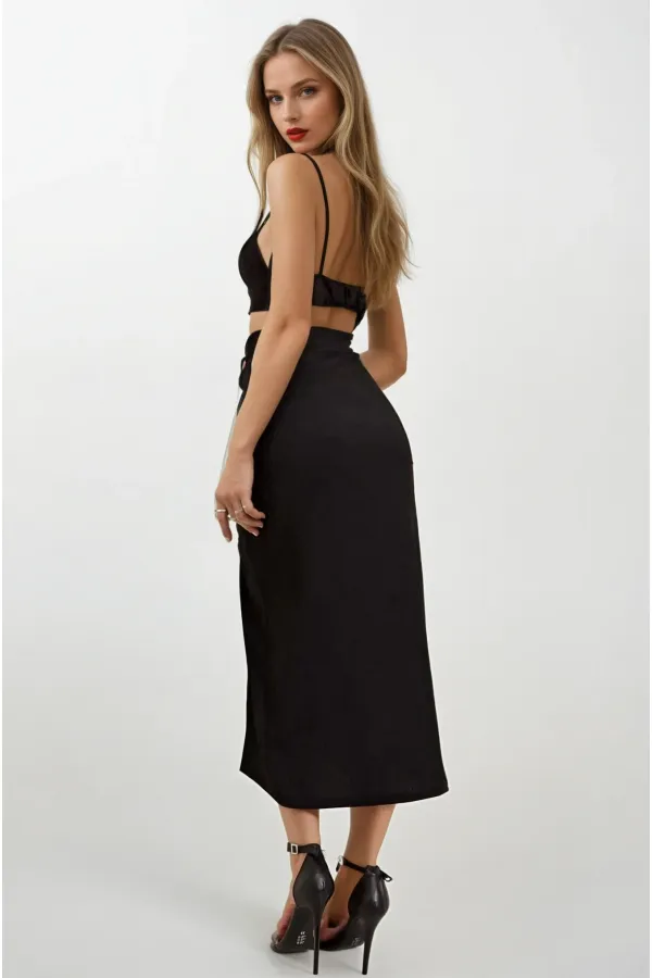 Women's Black Elastic Waist Slit Long Skirt HZL22S-BD118801