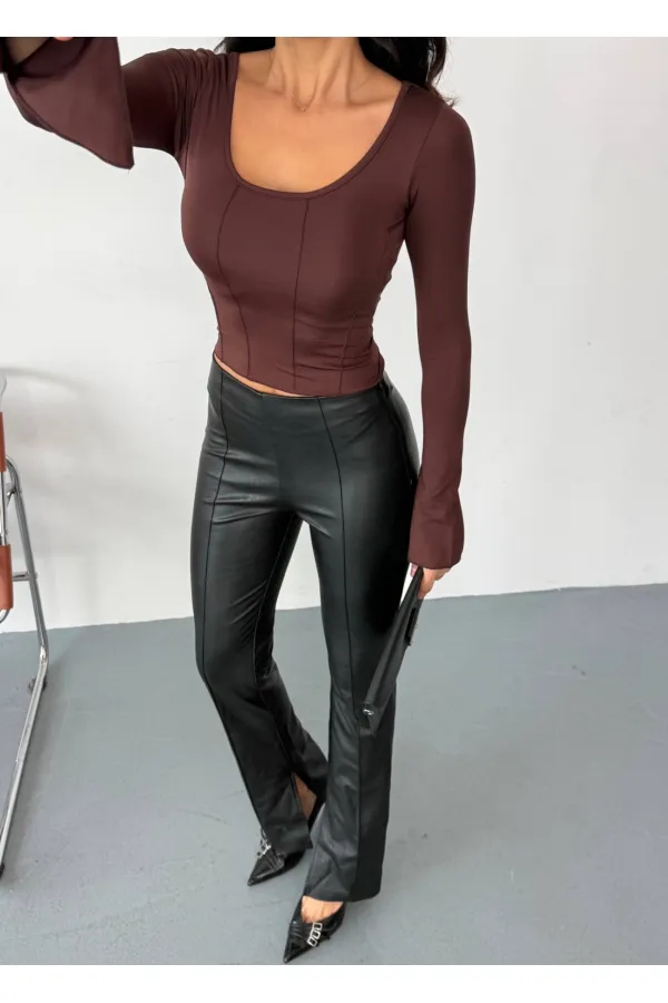 Kadın Kahverengi Uzun Kollu Arkası Bağlamalı Fit Kesim Crop Bluz HZL25W-FRY122771