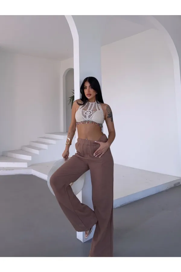 Kadın Camel Beli Lastikli Müslin Kumaş Bol Paça Pantolon HZL25S-DSB12221