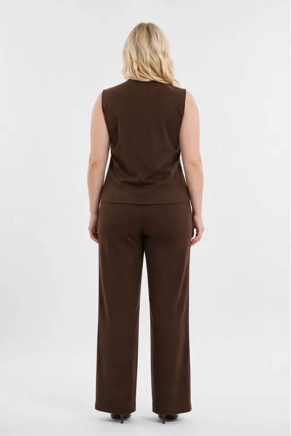 Kadın Kahverengi Büyük Beden V Yaka Yelek Pantolon İkili Takım HZL26S-PR12131