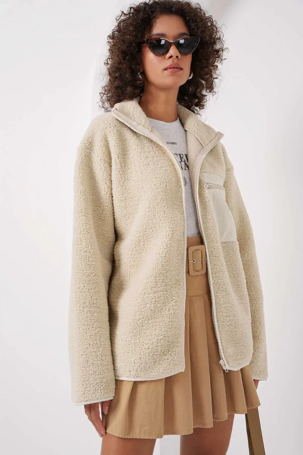 Sweat-shirt oversize en peluche à fermeture éclair et poches crème pour femme HZL25W-FRY1554461