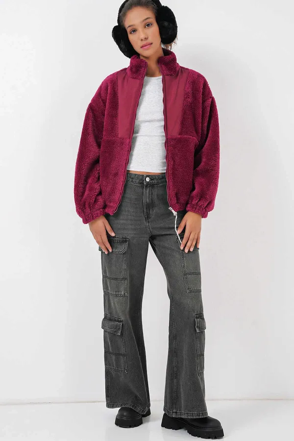 Veste zippée bordeaux imprimée en fausse peau de mouton pour femme, doublée de peluche HZL25W-BD151941